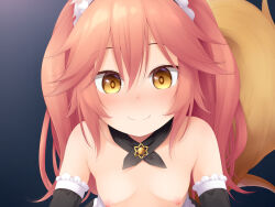 Rule 34 | 1girl, aged down, animal ear fluff, animal ears, black sleeves, blush, breasts, brown eyes, closed mouth, collarbone, commentary request, detached sleeves, fate/extra, fate (series), fox ears, fox girl, fox tail, haryuu (poetto), long hair, looking at viewer, nipples, nose blush, pink hair, small breasts, smile, solo, tail, tamamo (fate), tamamo no mae (fate/extra), topless, upper body