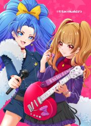 Rule 34 | 2girls, aisaki emiru, blue eyes, blue hair, blunt bangs, brown hair, choker, commentary request, crown earrings, earrings, guitar, high ponytail, highres, holding, holding plectrum, hugtto! precure, instrument, jacket, jewelry, kirakira precure a la mode, leather, leather jacket, long hair, microphone, multiple girls, necklace, open mouth, parted bangs, plectrum, precure, purple jacket, red choker, red eyes, red nails, skirt, tategami aoi, turtleneck, twintails, uta (yagashiro25)