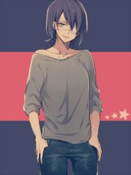 Rule 34 | 10s, 1girl, casual, collarbone, denim, eyepatch, grey shirt, hair over one eye, jeans, kantai collection, looking at viewer, off shoulder, pants, purple hair, shirt, short hair, solo, star (symbol), tenryuu (kancolle), yellow eyes, yue teitoku