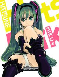 Rule 34 | 1girl, adjusting clothes, adjusting legwear, bad id, bad pixiv id, bh, detached sleeves, female focus, green eyes, green hair, hatsune miku, long hair, matching hair/eyes, panties, pantyshot, sitting, skirt, solo, striped clothes, striped panties, thighhighs, twintails, underwear, very long hair, vocaloid, white background