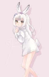 Rule 34 | 1girl, absurdres, animal ears, barefoot, brown eyes, extra ears, grey hair, hair ornament, highres, kemono friends, kuromitsu (9633 kmfr), long hair, looking at viewer, purple background, rabbit ears, rabbit girl, rabbit tail, ribbon, shirt, simple background, snowshoe hare (kemono friends), solo, tail, white shirt