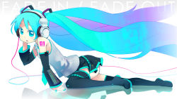 1girl aqua_eyes aqua_hair bent_over detached_sleeves female_focus full_body hatsune_miku headphones long_hair minawa necktie simple_background sitting skirt solo thighhighs twintails very_long_hair vocaloid white_background zettai_ryouiki