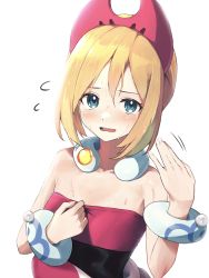 Rule 34 | 1girl, absurdres, blonde hair, blue eyes, blush, bracelet, collar, collarbone, commentary, creatures (company), embarrassed, fanning self, flying sweatdrops, game freak, hair between eyes, hairband, hands up, highres, hot, irida (pokemon), jewelry, keikei 927, neck ring, nintendo, open mouth, pink hairband, pink shirt, pokemon, pokemon legends: arceus, shirt, shirt tug, short hair, smile, solo, strapless, strapless shirt, sweat, teeth, tongue
