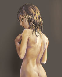 Rule 34 | 1girl, back, brown eyes, brown hair, butt crack, lips, looking back, nozet, nude, original, realistic, short hair, simple background, solo