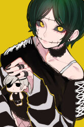 Rule 34 | 1girl, animal print, black choker, black eyes, chainsaw man, choker, earrings, eyepatch, fishnets, green hair, highres, jewelry, looking at viewer, multiple scars, quanxi (chainsaw man), sailen0, scar, short hair, stitched face, stitched mouth, stitches, stuffed toy, tsugihagi (chainsaw man), yellow background, yellow pupils, zebra print