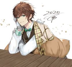 Rule 34 | 1boy, 2020, animal, animal on shoulder, bow, bowtie, brown hair, closed mouth, collared shirt, dated, green eyes, green neckwear, highres, ikemen revolution, long sleeves, looking at viewer, male focus, mouse (animal), shirt, short hair, simple background, sitting, smile, table, tcb, vest, white background, white shirt