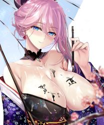 Rule 34 | 1girl, blue eyes, blurry, blurry foreground, body writing, breasts, calligraphy brush, cherry blossoms, choker, cleavage, collarbone, convenient censoring, earrings, fate (series), hair ornament, highres, holding, holding brush, holding umbrella, japanese clothes, jewelry, kimono, large breasts, long hair, looking at viewer, misaka 12003-gou, miyamoto musashi (fate), one breast out, paintbrush, pink hair, ponytail, smile, solo, suggestive fluid, umbrella, upper body, wet