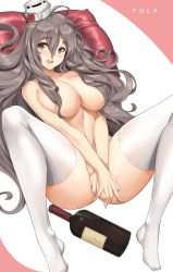 Rule 34 | 1girl, :d, artist name, bottle, breasts, brown eyes, censored nipples, character name, cleavage, commentary, commission, covering privates, covering crotch, grey hair, hair between eyes, hair censor, hair over breasts, hat, highres, kantai collection, large breasts, long hair, looking at viewer, lying, mini hat, nude, on back, open mouth, pola (kancolle), simple background, smile, solo, spread legs, thighhighs, tony guisado, very long hair, wavy hair, white background, white thighhighs, wine bottle