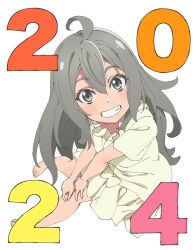 Rule 34 | 1girl, 2024, :d, ahoge, commentary, double-parted bangs, dress, frilled dress, frills, from above, full body, glenda (strike the blood), grey eyes, grey hair, grin, highres, invisible chair, long hair, medium dress, open mouth, sano keiichi, simple background, sitting, smile, solo, strike the blood, white background, white dress