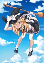 Rule 34 | 1girl, artist name, ass, back bow, bent over, black dress, black footwear, black hat, blonde hair, blush, bobby socks, bow, braid, broom, broom riding, cloud, cloudy sky, commentary request, day, dress, flying, frilled panties, frills, full body, gradient sky, hair between eyes, hair bow, hand on headwear, hand on thigh, hat, hat bow, highres, kirisame marisa, long hair, mary janes, open mouth, panties, petticoat, puffy short sleeves, puffy sleeves, red bow, ruby suguri, shoes, short sleeves, single braid, sky, socks, solo, touhou, underwear, wedgie, white bow, white panties, white socks, witch hat, yellow eyes