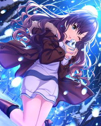 Rule 34 | 10s, 1girl, :3, artist request, blue eyes, boots, brown hair, card (medium), coat, curly hair, dress, dutch angle, earrings, fur trim, holding, ichinose shiki, idolmaster, idolmaster cinderella girls, jewelry, looking at viewer, night, official art, one eye closed, smile, snow, snowman, solo, tree