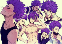 Rule 34 | 1boy, absurdres, bags under eyes, blood, blush, boku no hero academia, clenched teeth, denden (dendenkiribaku), eating, formal, gym uniform, hand on own hip, heavy breathing, highres, male focus, mask, mask pull, messy hair, mouth mask, necktie, purple hair, shinsou hitoshi, simple background, solo, suit, sweat, tank top, teeth, toned, toned male, topless male, u.a. gym uniform, uniform, wet, wet hair, yellow background