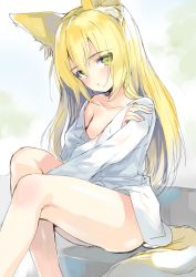 Rule 34 | 1girl, animal ears, bare shoulders, blonde hair, bottomless, dog ears, dog tail, dress shirt, elin, emily (pure dream), flat chest, highres, legs, long hair, naked shirt, off shoulder, open clothes, open shirt, shirt, sitting, solo, tail, tera online, white shirt, yellow eyes