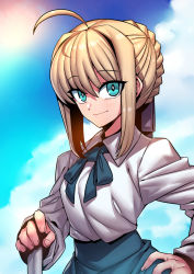 Rule 34 | 1girl, artoria pendragon (all), artoria pendragon (fate), blonde hair, breasts, closed mouth, cloud, fate/stay night, fate (series), green eyes, hand on own hip, highres, looking at viewer, saber (fate), servant (fate), short hair, smile, solo, tagme, tukiwani