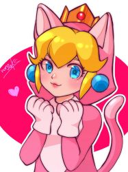 Rule 34 | 1girl, animal costume, animal ears, blonde hair, blue eyes, bodysuit, cat, cat costume, cat ears, cat peach, cat tail, crown, earrings, hand up, happy, heart, highres, jewelry, looking at viewer, mario (series), nintendo, nonoworks, pink background, pink bodysuit, princess peach, short hair, smile, solo, super mario 3d world, tail, white background