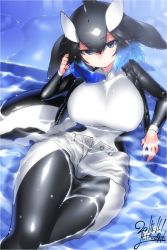 Rule 34 | 10s, 1girl, arm support, black hair, blue eyes, blue hair, borrowed character, breasts, buttons, cetacean tail, closed mouth, covered navel, cowboy shot, crossed legs, dated, denim, denim shorts, diving suit, expressionless, unworn eyewear, fictional persona, fins, fish tail, from above, grey shorts, hair between eyes, hair ornament, hand up, head fins, highres, hip focus, holding, holding removed eyewear, impossible clothes, kemono friends, killer whale (kemono friends) (stylecase), large breasts, leaning back, leather, leather vest, long sleeves, looking at viewer, multicolored hair, open clothes, open fly, open shorts, open vest, original, partially submerged, shiny clothes, short shorts, shorts, signature, sitting, solo, sunglasses, tail, tsurime, two-tone hair, unbuttoned, unzipped, vest, water, wet, wet clothes, wet face, yoshida hideyuki, zipper, zipper pull tab