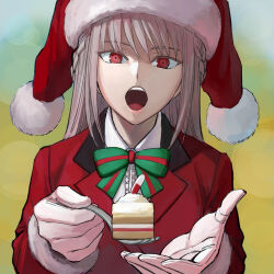 Rule 34 | 1girl, b suke, bow, bowtie, braid, cake, cake slice, coat, fate/grand order, fate (series), florence nightingale (fate), florence nightingale (santa) (fate), food, fork, gloves, green bow, green bowtie, hat, highres, holding, holding fork, incoming food, lapels, long hair, long sleeves, looking at viewer, open mouth, pink hair, red coat, red eyes, santa hat, solo, upper body, white gloves