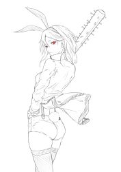 Rule 34 | 1girl, animal ears, ass, bunny girl, club, club (weapon), commentary request, cowboy shot, earrings, fake animal ears, fake tail, fishnet thighhighs, fishnets, greyscale, hand on own hip, highres, holding, holding weapon, jacket, jewelry, lineart, long sleeves, looking at viewer, looking back, mole, mole under eye, monochrome, over shoulder, rabbit ears, rabbit tail, red eyes, short hair, short shorts, shorts, simple background, solo, spiked club, spot color, sugi 214, suspender shorts, suspenders, tail, thighhighs, weapon, weapon over shoulder, white background