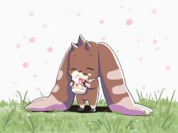 Rule 34 | animal ears, brown fur, closed eyes, digimon, digimon (creature), eating, hamoo8686, highres, horns, lop rabbit ears, lopmon, on grass, open mouth, rabbit ears, simple background, solo, standing, white background
