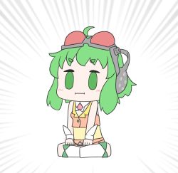 Rule 34 | 1girl, :i, absurdres, ahoge, boots, chibi, clenched hands, commentary, emphasis lines, goggles, goggles on head, green eyes, green hair, gumi, hands on lap, hatsune negame, headphones, highres, indian style, knee boots, light blush, looking at viewer, orange skirt, orange vest, red goggles, shirt, short hair with long locks, sidelocks, sitting, skirt, sleeveless, sleeveless shirt, solo, vest, vocaloid, white footwear, yellow shirt