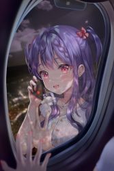 Rule 34 | 1girl, absurdres, aina 156cm, aircraft, airplane, blush, braid, breasts, cellphone, cloud, collarbone, ear piercing, hair between eyes, hair ornament, hair ribbon, hand on glass, highres, jewelry, lips, long hair, looking at viewer, looking to the side, mirror, nail polish, necklace, night, night sky, open mouth, original, phone, piercing, pink eyes, purple hair, red eyes, reflection, ribbon, shirt, short sleeves, sky, small breasts, smartphone, smile, star (sky), twintails, window