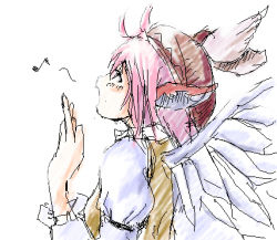 Rule 34 | 1girl, bad anatomy, bad hands, bad id, bad pixiv id, female focus, hat, lowres, music, musical note, mystia lorelei, poorly drawn, quaver, simple background, singing, solo, touhou, white background, wings, yae (mono110)