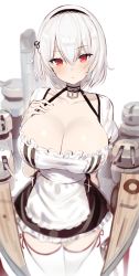 Rule 34 | 1girl, absurdres, anchor, apron, azur lane, black choker, black dress, black hairband, blurry, blush, breasts, choker, cleavage, collarbone, commentary request, cowboy shot, depth of field, dress, frilled dress, frills, greatmosu, hair between eyes, hairband, halterneck, hand on own chest, hand up, head tilt, highres, huge breasts, looking at viewer, machinery, maid, maid apron, parted lips, puffy short sleeves, puffy sleeves, red eyes, short hair, short sleeves, simple background, sirius (azur lane), smokestack, solo, standing, taut clothes, taut dress, thighhighs, turret, white apron, white background, white hair, white thighhighs