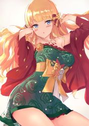 Rule 34 | 1girl, bare shoulders, blonde hair, blue eyes, blush, bow, breasts, cleavage, collarbone, dress, elf, green dress, hair bow, hair ornament, hands up, highres, jewelry, large breasts, layered dress, legs, long hair, looking at viewer, necklace, nishin (nsn 0822), open mouth, pointy ears, princess connect!, red dress, saren (christmas) (princess connect!), saren (princess connect!), sash, shawl, sidelocks, solo, thighs