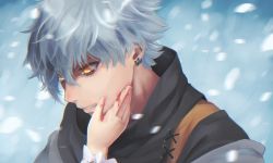 Rule 34 | 1boy, blood, blood on face, ear piercing, fate/grand order, fate (series), hand on another&#039;s cheek, hand on another&#039;s face, highres, kadoc zemlupus, male focus, neck piercing, piercing, shakuyouka, silver hair, snow, solo focus, tears, upper body, yellow eyes