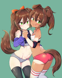 Rule 34 | 2girls, :o, :q, absurdres, animal ears, arched back, ass, bare shoulders, bikini, black legwear, blue jacket, blush, bow, breasts, brown hair, buruma, character request, cleavage, commission, copyright request, cropped jacket, dark-skinned female, dark skin, dog ears, dog girl, dog tail, elbow pads, green background, green eyes, grey shorts, hair between eyes, hair bow, hair intakes, hand on another&#039;s back, hand on another&#039;s shoulder, highres, holding hands, hug, interlocked fingers, jacket, last origin, long hair, long sleeves, looking at viewer, looking back, micro shorts, multiple girls, navel, off shoulder, orange bow, ponytail, red buruma, shorts, shorts tan, small breasts, smile, sports bikini, stomach, swimsuit, tail, tan, tankini, tanline, thighhighs, tongue, tongue out, track uniform, ubo (dbsgurdbsk), white legwear, zipper pull tab