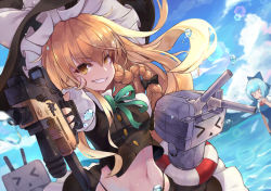 Rule 34 | &gt; &lt;, 0 0, 2girls, :d, aiming, aiming at viewer, black bow, black hat, black skirt, black vest, blonde hair, blue bow, blue dress, blue sky, bow, braid, breasts, cirno, crossover, day, dress, dutch angle, frilled hat, frills, green ribbon, grin, gun, hair bow, hat, hat bow, holding, holding gun, holding weapon, kantai collection, kirisame marisa, lifebuoy, long hair, looking at viewer, midriff, multiple girls, navel, neck ribbon, ocean, open mouth, outstretched arm, pantie painting, red ribbon, rensouhou-chan, ribbon, side braid, skirt, sky, small breasts, smile, solo focus, sparkle, stomach, swim ring, teeth, thong, touhou, triangle mouth, tsurime, upper body, v-shaped eyebrows, very long hair, vest, water, water drop, weapon, white bow, witch hat, yellow eyes