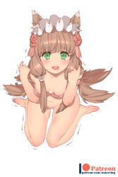 Rule 34 | 1girl, barefoot, blush, bra, breasts, brown hair, cleavage, fox girl, frilled hairband, frills, from above, green eyes, hairband, long hair, looking at viewer, maho (princess connect!), medium breasts, navel, open mouth, patreon username, pink bra, princess connect!, simple background, small breasts, solo, trembling, underwear, waterring, white background