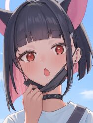 Rule 34 | 1girl, black hair, black mask, blue archive, blue sky, close-up, colored inner animal ears, colored inner hair, ear piercing, earrings, extra ears, hair intakes, hair ornament, hairclip, halo, highres, jewelry, kamota (kamotadm), kazusa (band) (blue archive), kazusa (blue archive), mask, mask pull, mouth mask, multicolored hair, official alternate costume, piercing, pink hair, pink halo, portrait, raised eyebrows, red eyes, shirt, sky, solo, white shirt