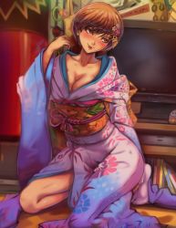 Rule 34 | 1girl, absurdres, blush, breasts, brown eyes, brown hair, cleavage, collarbone, floral print, full body, hair ornament, highres, japanese clothes, kimono, looking away, medium breasts, persona, persona 4, print kimono, satonaka chie, short hair, sitting, socks, solo, toasty scones, tongue, tongue out, white kimono, white socks