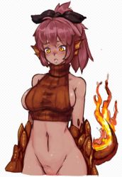 Rule 34 | 1girl, :o, ahoge, barbariank, bare shoulders, blush, bottomless, bow, breasts, burning, eyebrows, fire, lizard tail, medium breasts, monster girl, monster girl encyclopedia, navel, open mouth, orange eyes, out-of-frame censoring, pointy ears, red hair, reptile girl, salamander (monster girl encyclopedia), tail