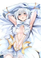 Rule 34 | 1girl, absurdres, armpits, arms on head, arms up, bare shoulders, blue gemstone, blush, bow, bowtie, breasts, center opening, cleavage, commission, covered navel, cowboy shot, date a live, dress, elbow gloves, gem, gloves, highres, izawa (bhive003), looking at viewer, medium breasts, medium hair, navel, no bra, no headwear, open mouth, pixiv commission, see-through, see-through dress, skin tight, sleeveless, sleeveless dress, solo, tobiichi origami, veil, white bow, white dress, white gloves, white veil