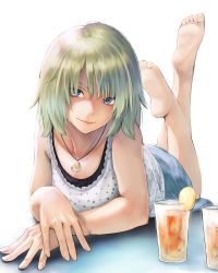 Rule 34 | 1girl, barefoot, blue eyes, blue skirt, cup, drinking glass, feet, food, fruit, green hair, highres, hinoru saikusa, jewelry, lemon, lemon slice, looking at viewer, lying, necklace, on stomach, original, polka dot, short hair, simple background, skirt, smile, soles, solo, the pose, toes, white background