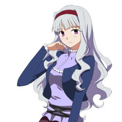 Rule 34 | 1girl, a1 (initial-g), absurdres, breasts, fate/stay night, fate (series), grey hair, hairband, highres, idolmaster, idolmaster (classic), jacket, large breasts, long hair, looking at viewer, parody, pink eyes, purple hair, serious, shijou takane, simple background, solo, style parody, wavy hair, white background