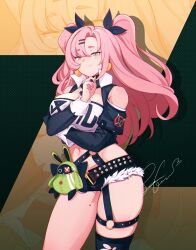 Rule 34 | 1girl, absurdres, bare shoulders, black jacket, black ribbon, black shorts, black thighhighs, breasts, commentary, cowboy shot, crop top, cutoffs, green eyes, hair ribbon, highres, jacket, large breasts, long hair, long sleeves, looking at viewer, midriff, navel, nicole demara, pink hair, ribbon, senacolada, shorts, signature, single thighhigh, smile, standing, stomach, strapless, thighhighs, thighs, tube top, two side up, very long hair, zenless zone zero, zoom layer