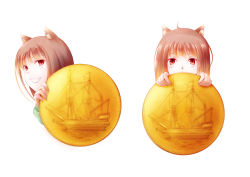 Rule 34 | 1girl, animal ears, blush, brown hair, coin, fudo shin, gold coin, grin, hiding, highres, holo, looking at viewer, multiple views, red eyes, simple background, smile, spice and wolf, white background, wolf ears