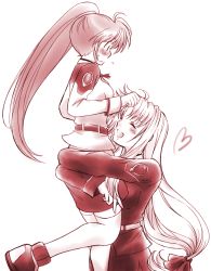 Rule 34 | 00s, 2girls, blush, carrying, fate testarossa, happy, heart, long hair, low-tied long hair, lyrical nanoha, mahou shoujo lyrical nanoha, mahou shoujo lyrical nanoha strikers, military, military uniform, monochrome, multiple girls, red theme, side ponytail, takamachi nanoha, thighhighs, uniform, white background