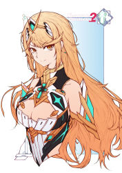 Rule 34 | 1girl, armor, bad id, bad pixiv id, bare shoulders, blonde hair, breasts, cleavage, cleavage cutout, clothing cutout, earrings, gem, headpiece, highres, jewelry, large breasts, long hair, looking at viewer, mythra (xenoblade), nintendo, q-pra, solo, swept bangs, tiara, xenoblade chronicles (series), xenoblade chronicles 2, yellow eyes