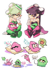 Rule 34 | + +, 2girls, ankle boots, arm support, black dress, black footwear, black hair, black jumpsuit, boots, breasts, brown eyes, callie (splatoon), catchphrase, character name, cleavage, closed mouth, commentary, cousins, detached collar, dress, dual persona, earrings, english commentary, english text, closed eyes, finger to mouth, food, food on head, gloves, gomipomi, green legwear, grey hair, half-closed eyes, head rest, heart, highres, indian style, jewelry, jumping, jumpsuit, long hair, marie (splatoon), medium breasts, mole, mole under eye, motion lines, multiple girls, nintendo, object on head, paint splatter, pantyhose, pillow, pointy ears, purple legwear, reading, shadow, short dress, short hair, short jumpsuit, shushing, simple background, sitting, sitting on lap, sitting on person, sleeping, smile, sparkle, splatoon (series), splatoon 1, spoken food, spoken heart, squid, strapless, strapless dress, sushi, tentacle hair, white background, white gloves, zzz