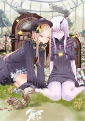 Rule 34 | 2girls, abigail williams (fate), animal, arm support, bird, black bow, black dress, black footwear, black hat, blonde hair, bloomers, blue eyes, bow, bug, butterfly, closed mouth, commentary, dress, eating, fate/grand order, fate (series), flower, grass, greenhouse, hair between eyes, hair bow, hat, highres, horns, indoors, insect, jukebox, kneeling, lavinia whateley (fate), long hair, long sleeves, looking at viewer, multiple girls, nonh (wormoftank), on grass, orange bow, parted bangs, polka dot, polka dot bow, red eyes, shoes, single horn, sitting, sleeves past wrists, smile, squirrel, underwear, very long hair, wariza, white bloomers, white flower, white hair, wide-eyed