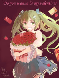 Rule 34 | 1girl, artist name, bad id, bad pixiv id, bouquet, flower, food, fruit, ghost (ghost528), gift, green eyes, green hair, hatsune miku, long hair, matching hair/eyes, skirt, solo, strawberry, twintails, valentine, vocaloid
