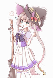 Rule 34 | 1girl, asagumo (kancolle), black hat, broom, brown hair, commentary request, cosplay, dress, feet out of frame, grey eyes, hair ribbon, hat, horse girl, horse tail, index finger raised, kantai collection, long hair, miko (35nikomi), pleated dress, purple shirt, ribbon, school uniform, serafuku, shirt, short sleeves, simple background, skirt, solo, standing, tail, thighhighs, tracen school uniform, twintails, umamusume, white background, white skirt, white thighhighs, witch hat