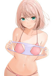Rule 34 | 1girl, absurdres, bikini, breasts, collarbone, commentary request, green eyes, hands up, highres, holding, holding clothes, holding panties, holding underwear, light brown hair, looking at viewer, navel, original, panties, pink bikini, seirogan101, short hair, simple background, small breasts, smile, solo, standing, straight-on, swimsuit, underwear, upper body, white background, white panties