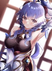 Rule 34 | 1girl, absurdres, ahoge, arm up, armpits, bare shoulders, bell, black gloves, blue hair, blush, breasts, chinese knot, closed mouth, detached sleeves, flower knot, furrowed brow, ganyu (genshin impact), genshin impact, gloves, goat horns, gold trim, highres, horns, indoors, long hair, looking at viewer, medium breasts, neck bell, purple eyes, sa-ya2, sidelocks, solo, standing, sweat, vision (genshin impact), white sleeves