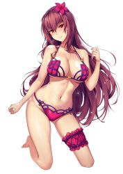 Rule 34 | 1girl, barefoot, bikini, breasts, bridal garter, cleavage, commentary request, fate/grand order, fate (series), flower, full body, hair flower, hair intakes, hair ornament, highres, large breasts, long hair, looking at viewer, navel, panye, parted lips, pink bikini, purple bikini, purple hair, red eyes, scathach (fate), scathach (fate/grand order), scathach (swimsuit assassin) (fate), simple background, solo, swimsuit, thigh strap, white background