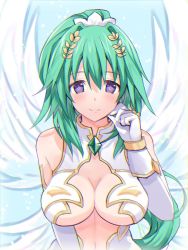 Rule 34 | 1girl, aisu (icicleshot), angel, bare shoulders, blush, breasts, center opening, cleavage, feathered wings, four goddesses online: cyber dimension neptune, gloves, green hair, green heart (neptunia), large breasts, leotard, long hair, looking at viewer, neptune (series), ponytail, power symbol, power symbol-shaped pupils, purple eyes, smile, symbol-shaped pupils, white gloves, white leotard, wings